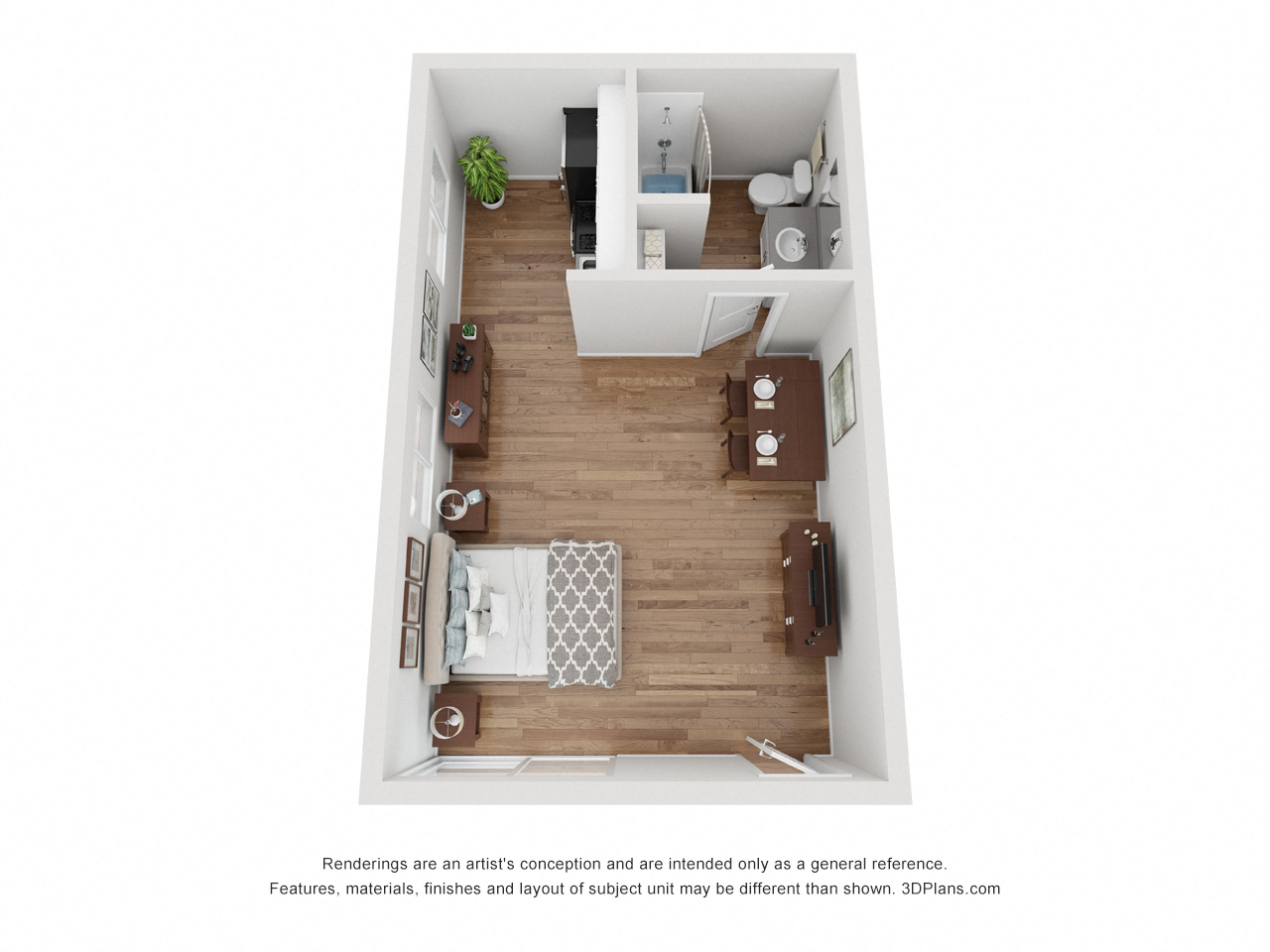 Floor plan for studio, 1 bath, 500 sqft
